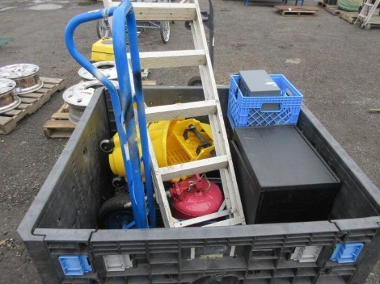 HAND CART, MOP BUCKET, METAL GAS CAN, 6' LADDER, ORGANIZATION BIN, & PLASTIC CABINET