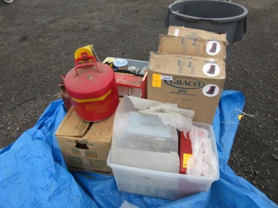 (1) PALLET OF ASSORTED HARDWARE/NUTS/BOLTS/SCREWS/TOOLS & (2) GAS CANS