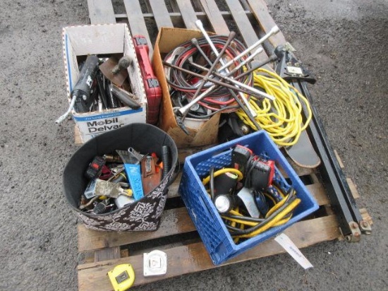 TRAILER HITCH, ASSORTED TOOLS & HARD HATS, EXTENSION CORD, JUMPER CABLES, & SKATEBOARD