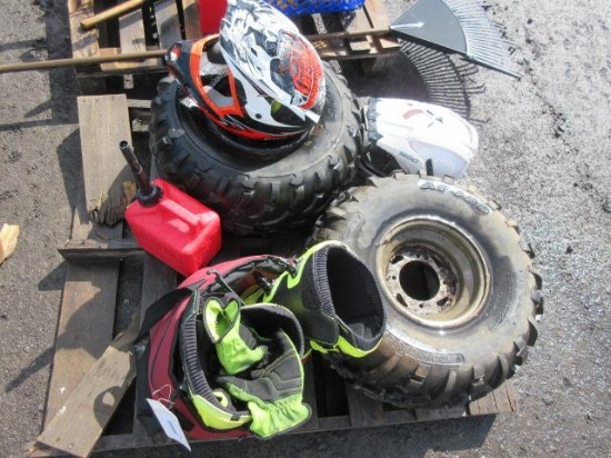 (2) ATV TIRES, (2) ATV HELMETS, ATV BOOTS, & GAS CAN