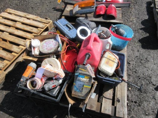 RIDGID NAIL GUN, PORTER CABLE DRILL, GAS CAN, TOOL BOX, & ASSORTED TOOLS