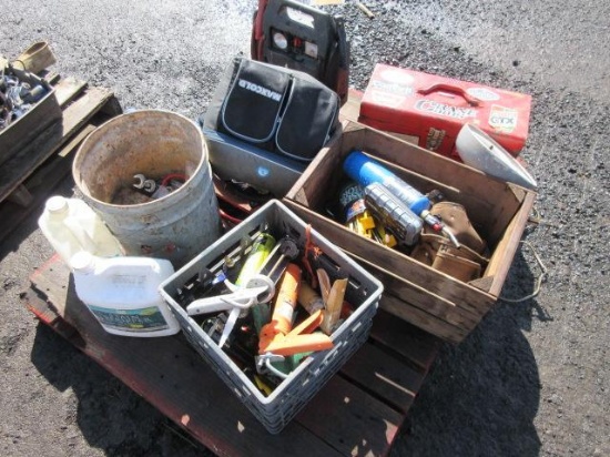 BATTERY JUMP PACK, TOOL BOX, TOOL BELT, TABLE LIGHT, LUNCH BOX, & ASSORTED CAULKING GUNS & STAPLE