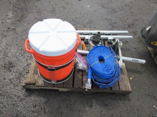 (3) ROLLS OF 1 1/2'' HOSE, RUBBERMAID COOLER, ALUMINUM TOOL RAILS, SUBMRSIBLE PUMP, & GRIDIRON RAIL