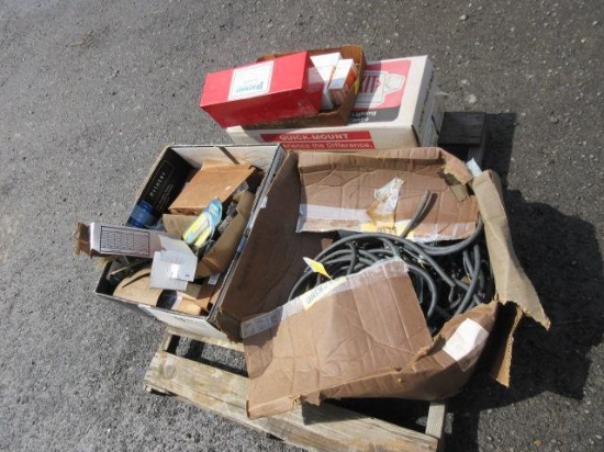 ASSORTED ELECTRICAL PARTS/EXIT SIGNS/HOT WIRE HEATING ELEMENTS/WIRE/COVERS/DIMMERS