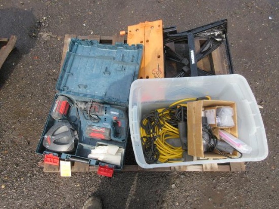 BOSCH 36V ROTO HAMMER, BLACK & DECKER WORKMATE 200, HEAT...GUN, EXTENSION CORD, & ASSORTED DRILLS