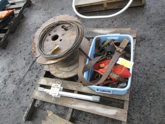ROLL OF WIRE CABLE, LADDER LEG LEVELER, & TREE CLIMBING SPURS