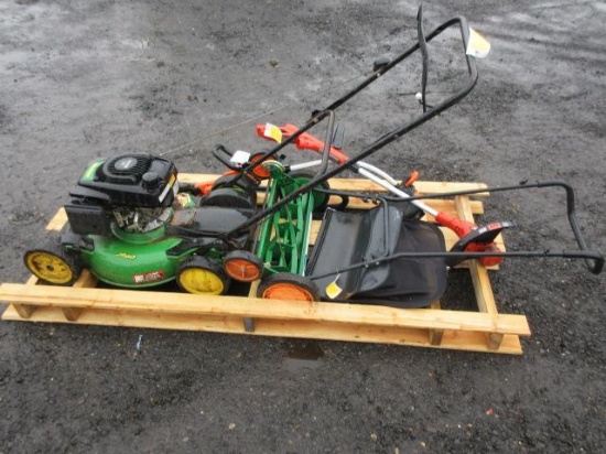 JOHN DEERE CHV550 PUSH LAWN MOWER, SCOTTS GRASS CUTTER, (2) BLACK & DECKER ELECTRIC WEED TRIMMERS