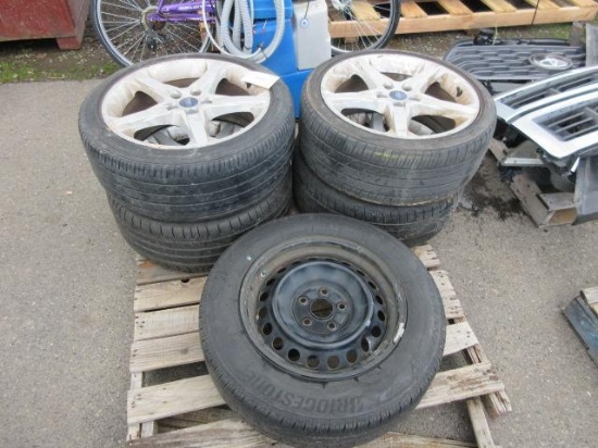 (4) BRIDGESTONE POTENZA 225/40R18 TIRES ON FORD 5 LUG WHEELS & (1) BRIDGESTONE TURANZA 205/65R16