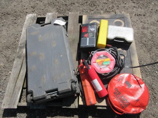 HYDRAULICS PORTABLE PULLER SET, TIRE INFLATOR, BOOST CABLES, ASSORTED WELDING ALLOYS, & ECHO TRIMMER