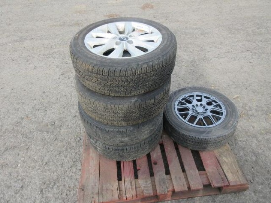 (4) FIRESTONE ALL SEASON 215/55R17 TIRES ON KIA 5 LUG WHEELS & (1) BRIDGESTONE COPIA EP422 195/65R15