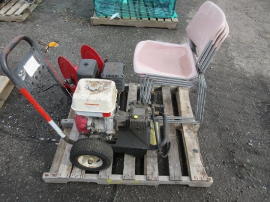 COXWELL AIR HOSE REEL, GENERAL PUMP EZ4040G PRESSURE WASHER W/ HONDA GAS ENGINE, & (4) CHAIRS
