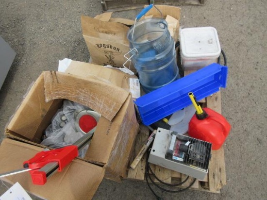 BOTTLE CAP PRESS, ICE TOTE, GAS CAN, BOX OF ASSORTED PLASTIC BAGS, & BOX OF ASSORTED BOTTLE CAPS
