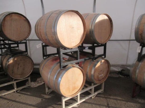 (4) WOOD BARRELS W/ RACK