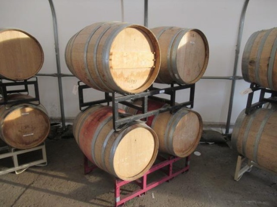 (4) WOOD BARRELS W/ RACK