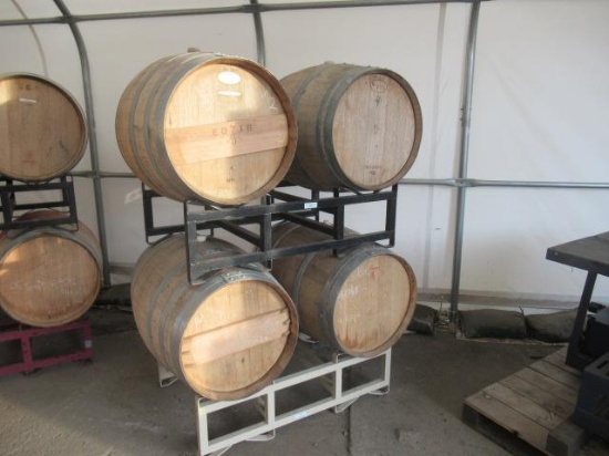 (4) WOOD BARRELS W/ RACK