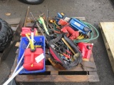 CAR JACK, HOSE, SHOVEL, AXE, BOW & ARROWS, (3) GAS CANS, & ASSORTED TOOLS