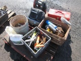 BATTERY JUMP PACK, TOOL BOX, TOOL BELT, TABLE LIGHT, LUNCH BOX, & ASSORTED CAULKING GUNS & STAPLE