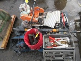 BRICK TILE SAW, REHAU CRIMPER, DRYWALL SANDER, FLOOR JACK, (2) SAWS, STAPLER, BUCKET W/ TOOLS, &