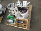 BUCKET OF ASSORTED PLUGS, BUCKET OF ASSORTED FITTINGS, BUCKET W/ (3) DRUM PUMPS, & WOOD CRATE