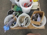ASSORTED BUCKETS OF ASSORTED FITTINGS, GAS CAN, CHAIR, TOOL BOX, & TAKE-A-LABEL 400R LABEL REWINDER