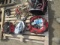 BELL HELMET, RATCHET STRAP, JUMPER CABLES, (2) CHOCK BLOCKS, & (3) BAGS OD ASSORTED TOOLS