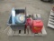 1 PHASE LEESON C617DH13C MOTOR, GAS CAN, METAL COOLER, METAL WATER COOLER, METAL SIGN, & ASSORTED