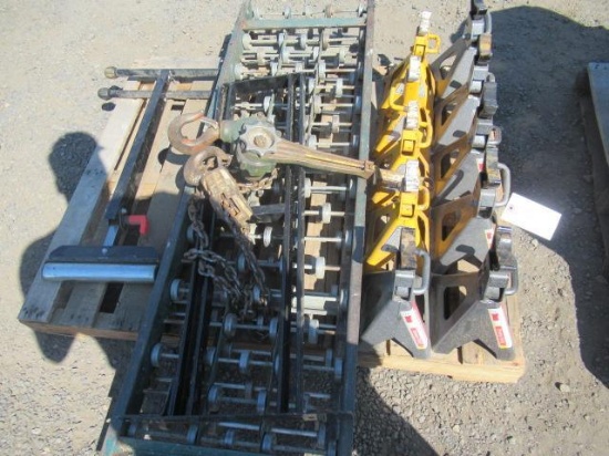 (10) ASSORTED JACK STANDS, CHAIN HOIST & CONVEYOR ROLLERS