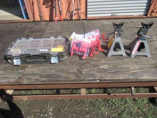 (4) 3/4'' H STYLE PIPE CLAMPS, (2) 3 TON JACK STANDS, & (1) 12-COMPARTMENT HARDWARE BOX