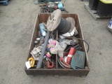 TOTE W/ ASSORTED WELDING PARTS & GAUGES, HARDWARE, WIRE, DISC & RESPIRATOR