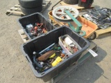 (2) PLASTIC TOTES W/ ASSORTED HAND TOOLS, SHERMAN REILLY 18'' X 2 1/4'' PULLEY, & ROADMASTER WAGON