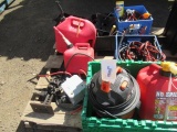 FARM JACK, (3) GAS CANS, (2) SETS OF JUMPER CABLES, SHOP VAC, TOTE OF ASSORTED CLEANERS, & ASSORTED