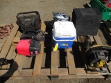 FOX V2 PILOT HELMET, BAG OF HAND TOOLS, COOLER, VACUUM, SHOP VACUUM, SPEAKER, HYDRAULIC JACK, &