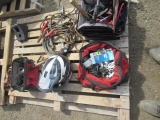 BELL HELMET, RATCHET STRAP, JUMPER CABLES, (2) CHOCK BLOCKS, & (3) BAGS OD ASSORTED TOOLS