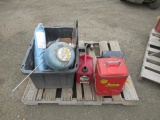 1 PHASE LEESON C617DH13C MOTOR, GAS CAN, METAL COOLER, METAL WATER COOLER, METAL SIGN, & ASSORTED