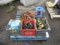 SMALL SPOOL OF ROPE, RATCHET BINDER, (2) PULLDOWN BINDERS, (6) CHAINS, & (3) CRATES OF ASSORTED TIE