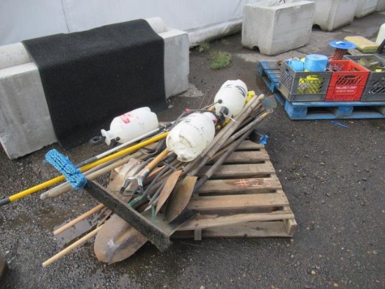 ASSORTED SHOVELS, HOES, PITCH FORKS, WASH BROOMS, WEEDERS, & (3) 2GAL WEEDER SPRAYERS