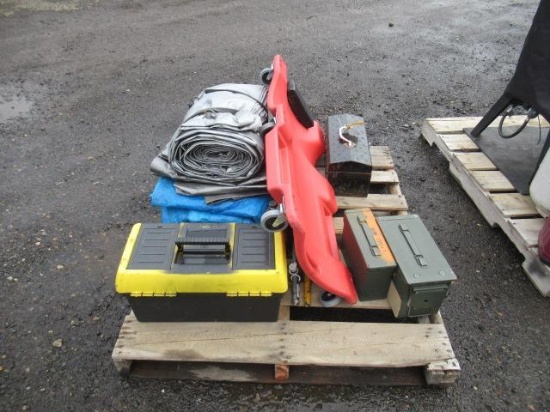 MECHANICS CREEPER, 6 TON BOTTLE JACK, TOOLBOX W/ WIRING, (2) AMMO CANS, (3) TARPS, & ASSORTED