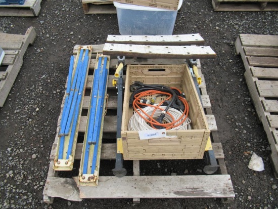 WORK MATE FOLDING WORK BENCH, (2) SAWHORSES, & ASSORTED EXTENSION CORDS
