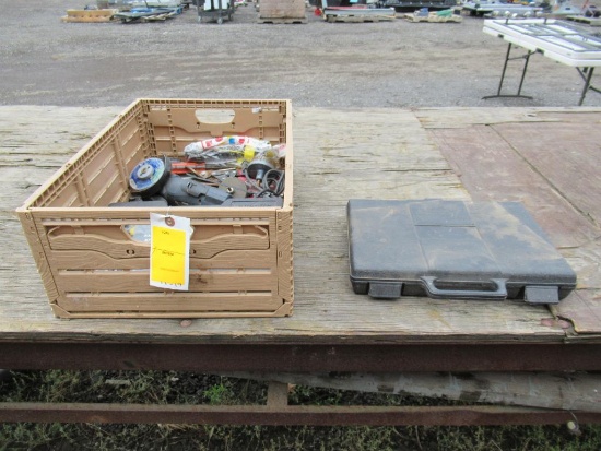 TOTE OF ASSORTED HAND TOOLS, CHICAGO GRINDER & ASSORTED WHEELS, 1/4'' & 3/8'' DRIVE TOOL KIT, & T &
