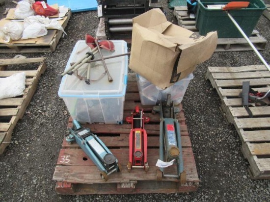 (3) FLOOR JACKS, X BOX, 4-WAY, GLUE, TAPE, DRONE, & ASSORTED HAND TOOLS