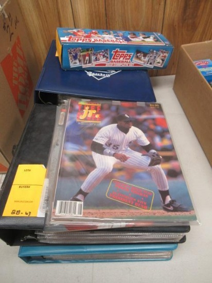 (2) BINDERS OF BECKET ASSORTED FOOTBALL & BASEBALL MAGAZINES, (1) BOX OF TOPPS BASEBALL CARDS, (2)