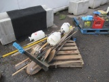 ASSORTED SHOVELS, HOES, PITCH FORKS, WASH BROOMS, WEEDERS, & (3) 2GAL WEEDER SPRAYERS