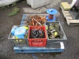 SMALL SPOOL OF ROPE, RATCHET BINDER, (2) PULLDOWN BINDERS, (6) CHAINS, & (3) CRATES OF ASSORTED TIE