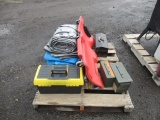 MECHANICS CREEPER, 6 TON BOTTLE JACK, TOOLBOX W/ WIRING, (2) AMMO CANS, (3) TARPS, & ASSORTED