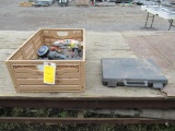 TOTE OF ASSORTED HAND TOOLS, CHICAGO GRINDER & ASSORTED WHEELS, 1/4'' & 3/8'' DRIVE TOOL KIT, & T &