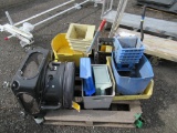 ELECTRIC FLOOR FAN ON WHEELS, (2) MOP BUCKETS, & ASSORTED PLASTIC TOTES