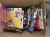 BOX OF ASSORTED BASEBALL, BASKETBALL, FOOTBALL, & HOCKEY AUCTION FIGURINES, & (2) POKEMON DRAWING