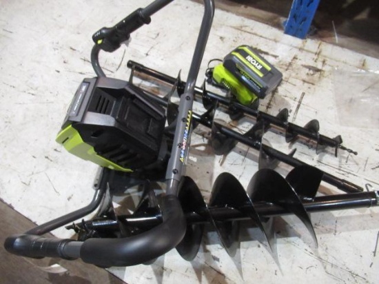 RYOBI 40V HP BRUSHLESS CORDLESS EARTH AUGER W/ 4'', 6'', & 8'' AUGERS, (1) BATTERY & CHARGER