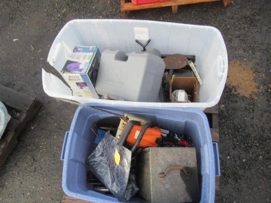PORTER-CABLE ROUTER, STIHL GAS CHAINSAW, RYOBI JOINER, FAN, & (2) TOTES W/ ASSORTED TOOLS/HAND