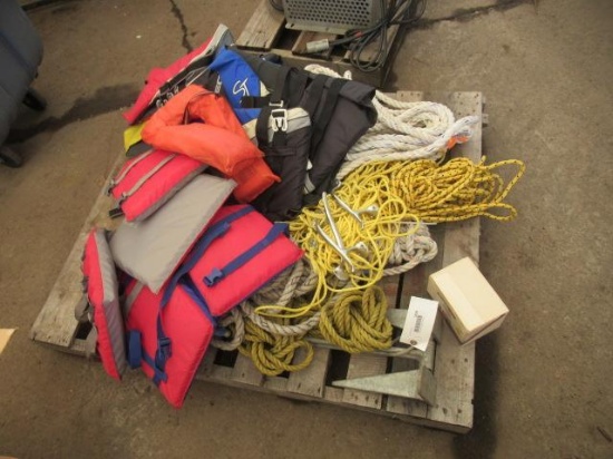 ASSORTED BOATING EQUIPMENT, INCLUDING ANCHOR, ROPE, TIE DOWNS, & LIFE VESTS